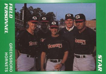 1990 Star Greensboro Hornets #26 Field Personnel (Brian Butterfield / Dave Jorn / Ted Uhlaender / Rich Arena / Kelly Sharitt ) Front