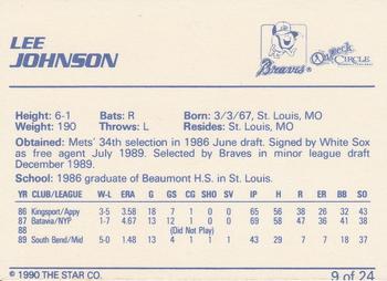 1990 Star Greenville Braves #9 Lee Johnson Back