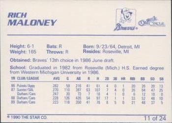 1990 Star Greenville Braves #11 Rich Maloney Back