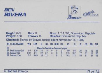 1990 Star Greenville Braves #17 Ben Rivera Back