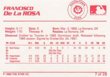 1990 Star Hagerstown Suns #7 Francisco de la Rosa Back