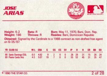 1990 Star Hamilton Redbirds #2 Jose Arias Back
