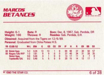 1990 Star Hamilton Redbirds #6 Marcos Betances Back