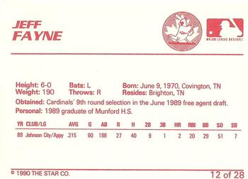 1990 Star Hamilton Redbirds #12 Jeff Fayne Back