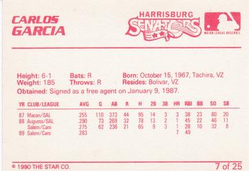 1990 Star Harrisburg Senators #7 Carlos Garcia Back