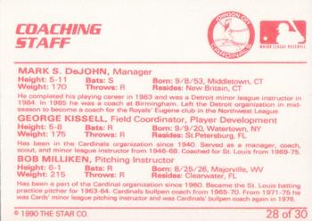 1990 Star Johnson City Cardinals #28 Coaching Staff (Mark DeJohn / George Kissell / Bob Milliken) Back