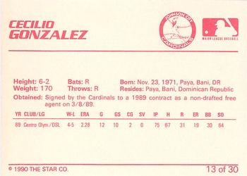 1990 Star Johnson City Cardinals #13 Cecilio Gonzalez Back