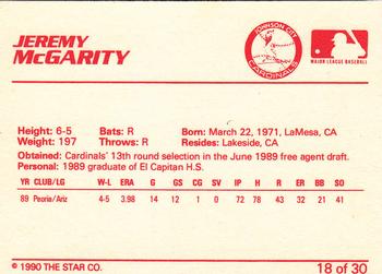 1990 Star Johnson City Cardinals #18 Jeremy McGarity Back