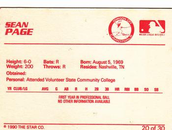 1990 Star Johnson City Cardinals #20 Sean Page Back