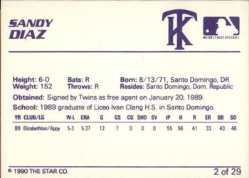 1990 Star Kenosha Twins #2 Sandy Diaz Back