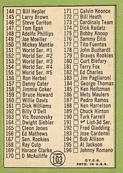 1967 Topps #103 2nd Series Checklist: 110-196 (Mickey Mantle) Back