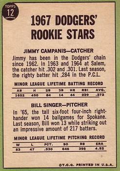 1967 Topps #12 Dodgers 1967 Rookie Stars (Jimmy Campanis / Bill Singer) Back