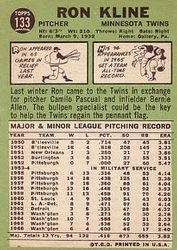 1967 Topps #133 Ron Kline Back