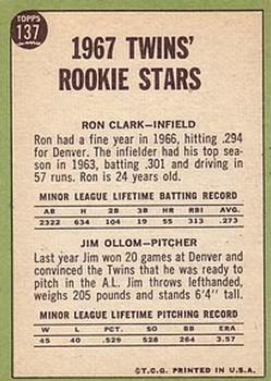 1967 Topps #137 Twins 1967 Rookie Stars (Ron Clark / Jim Ollom) Back