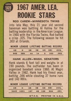 1967 Topps #569 A. League Rookie Stars (Rod Carew / Hank Allen) Back