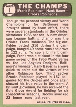 1967 Topps #1 The Champs (Frank Robinson / Hank Bauer / Brooks Robinson) Back