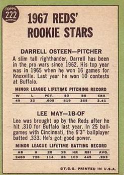 1967 Topps #222 Reds 1967 Rookie Stars (Darrell Osteen / Lee May) Back