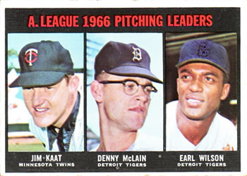 1967 Topps #235 American League 1966 Pitching Leaders (Jim Kaat / Denny McLain / Earl Wilson) Front