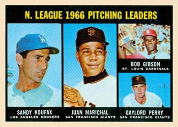 1967 Topps #236 National League 1966 Pitching Leaders (Sandy Koufax / Juan Marichal / Bob Gibson / Gaylord Perry) Front