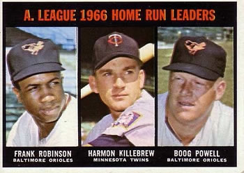 1967 Topps #243 American League 1966 Home Run Leaders (Frank Robinson / Harmon Killebrew / Boog Powell) Front