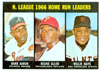 1967 Topps #244 National League 1966 Home Run Leaders (Hank Aaron / Richie Allen / Willie Mays) Front