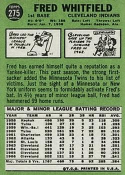 1967 Topps #275 Fred Whitfield Back