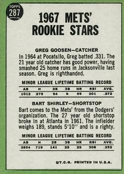 1967 Topps #287 Mets 1967 Rookie Stars (Greg Goossen / Bart Shirley) Back