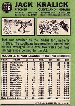 1967 Topps #316 Jack Kralick Back