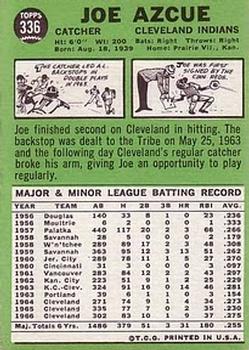 1967 Topps #336 Joe Azcue Back