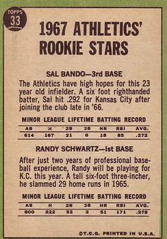 1967 Topps #33 Athletics 1967 Rookie Stars (Sal Bando / Randy Schwartz) Back