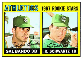 1967 Topps #33 Athletics 1967 Rookie Stars (Sal Bando / Randy Schwartz) Front