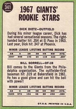 1967 Topps #341 Giants 1967 Rookie Stars (Dick Dietz / Bill Sorrell) Back