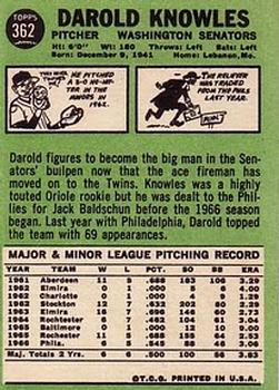 1967 Topps #362 Darold Knowles Back