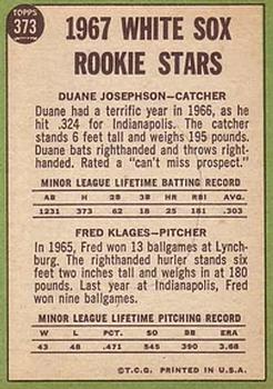 1967 Topps #373 White Sox 1967 Rookie Stars (Duane Josephson / Fred Klages) Back