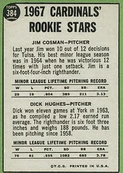 1967 Topps #384 Cards 1967 Rookie Stars (Jim Cosman / Dick Hughes) Back