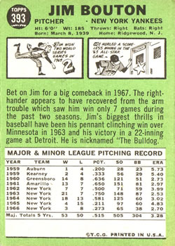 1967 Topps #393 Jim Bouton Back