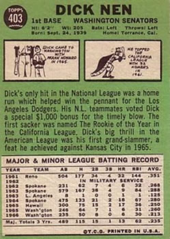 1967 Topps #403 Dick Nen Back