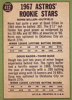 1967 Topps #412 Astros 1967 Rookie Stars (Norm Miller / Doug Rader) Back