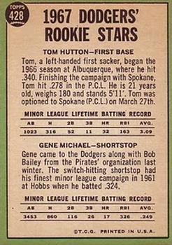 1967 Topps #428 Dodgers 1967 Rookie Stars (Tom Hutton / Gene Michael) Back