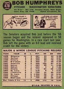 1967 Topps #478 Bob Humphreys Back