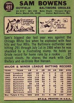 1967 Topps #491 Sam Bowens Back
