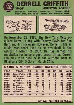 1967 Topps #502 Derrell Griffith Back