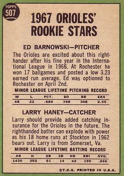 1967 Topps #507 Orioles 1967 Rookie Stars (Ed Barnowski / Larry Haney) Back