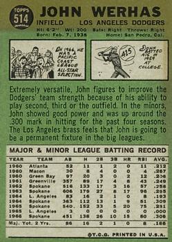 1967 Topps #514 John Werhas Back