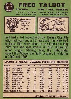 1967 Topps #517 Fred Talbot Back