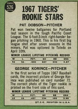 1967 Topps #526 Tigers 1967 Rookie Stars (Pat Dobson / George Korince) Back