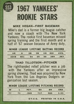1967 Topps #553 Yankees 1967 Rookie Stars (Mike Hegan / Thad Tillotson) Back