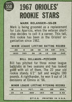 1967 Topps #558 Orioles 1967 Rookie Stars (Mark Belanger / Bill Dillman) Back