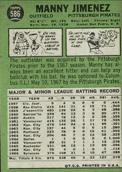 1967 Topps #586 Manny Jimenez Back