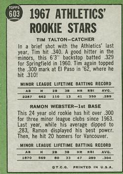 1967 Topps #603 Athletics 1967 Rookie Stars (Tim Talton / Ramon Webster) Back